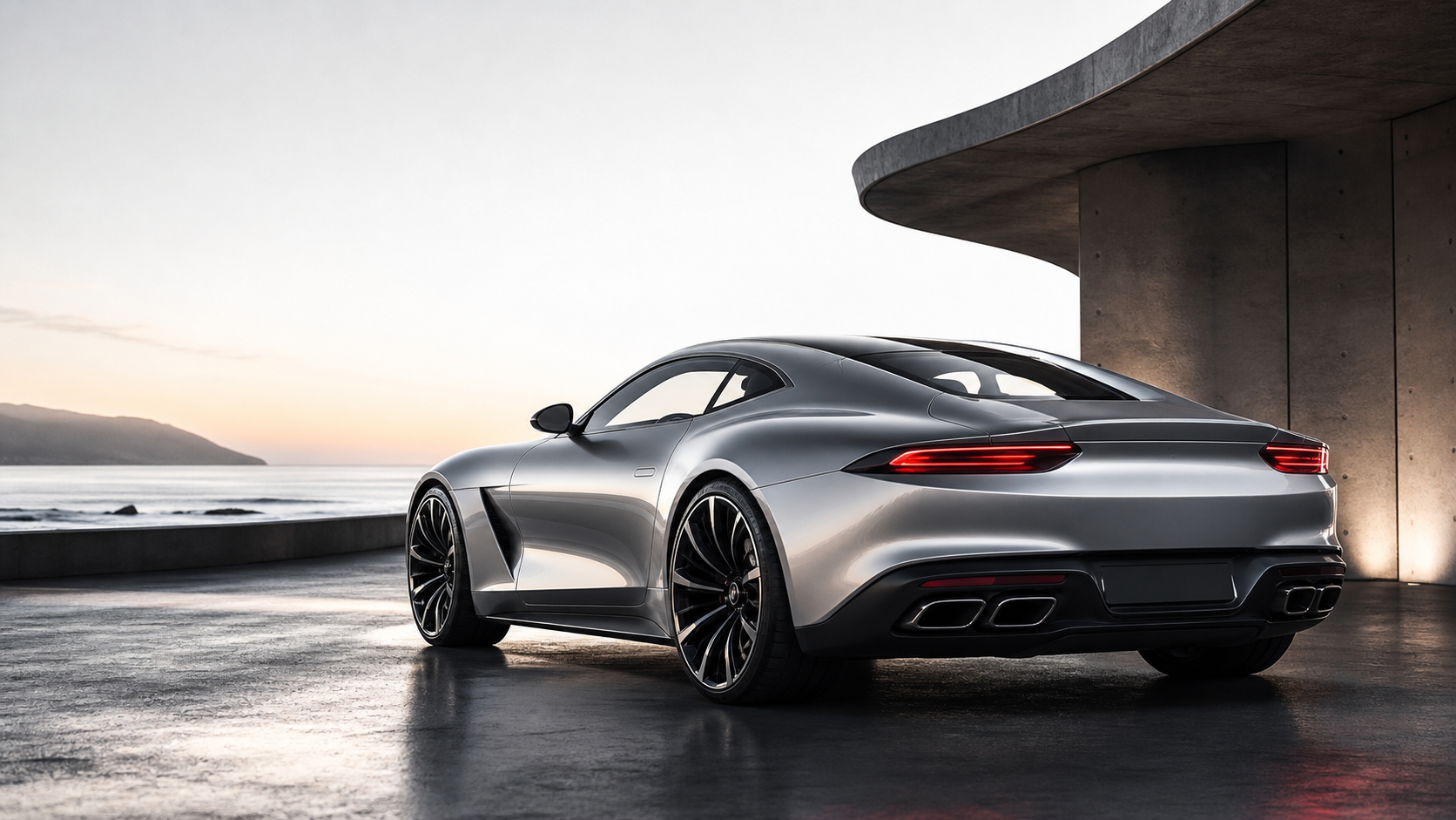Unbranded grand touring coupe on a modern coastal road at dawn